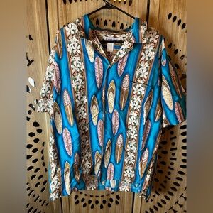 Vintage and Gorgeous Blue Surfboard and Hibiscus Hawaiian Shirt. Aloha Line 2XL
